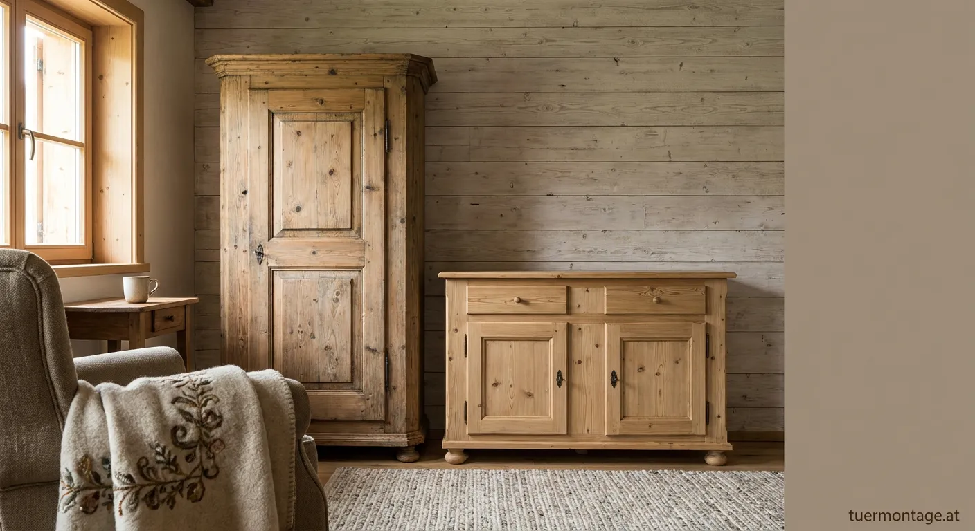 Rustikale Holzmöbel aus Astkiefer im gemütlichen Landhauswohnzimmer