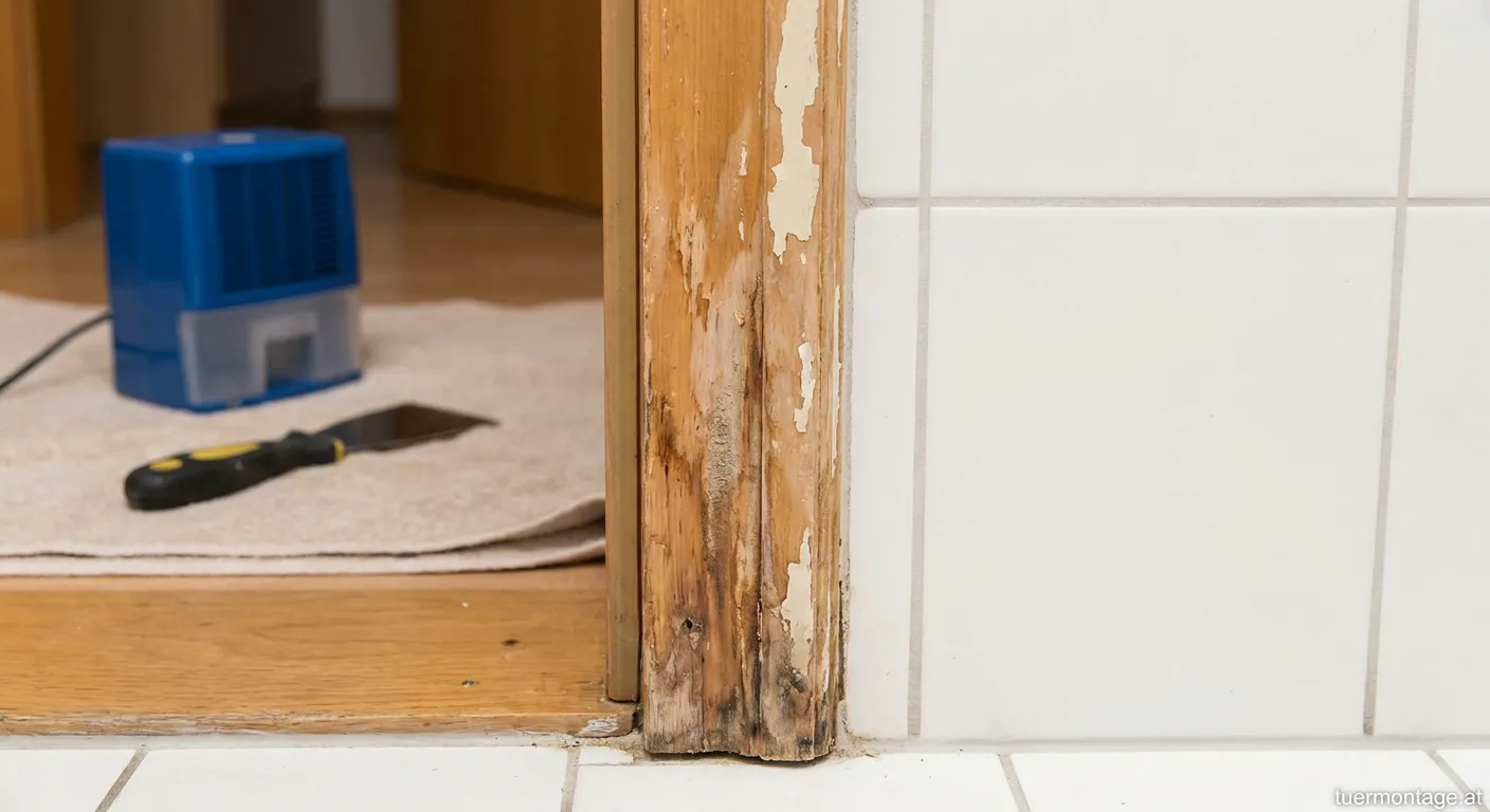 Aufgequollene Holzzarge im Badezimmer mit Wasserschaden