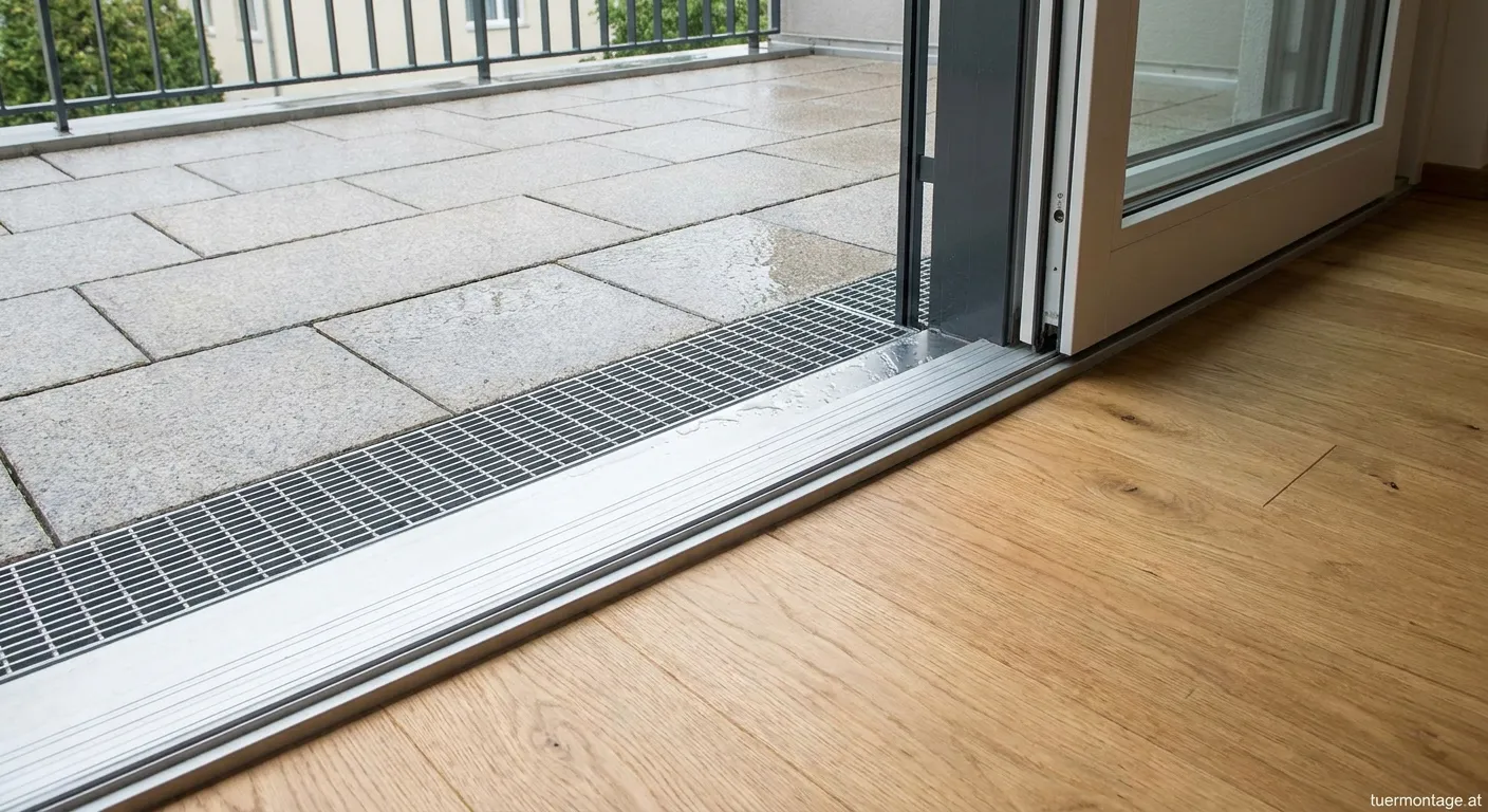 Barrierefreier Balkonaustritt mit Drainagerinne im modernen Wohnbau