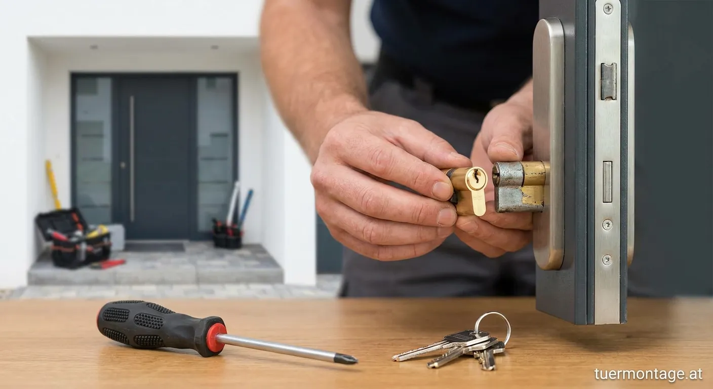 Handwerker tauscht Bauzyliner an einer fertigen Haustür aus