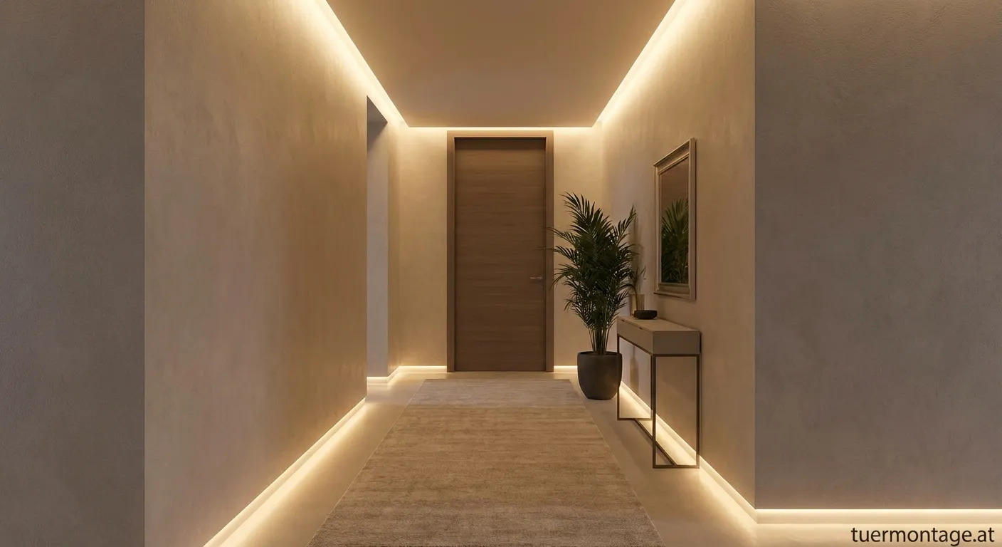 Moderner Flur mit indirekter und blendfreier Beleuchtung durch Wandlampen