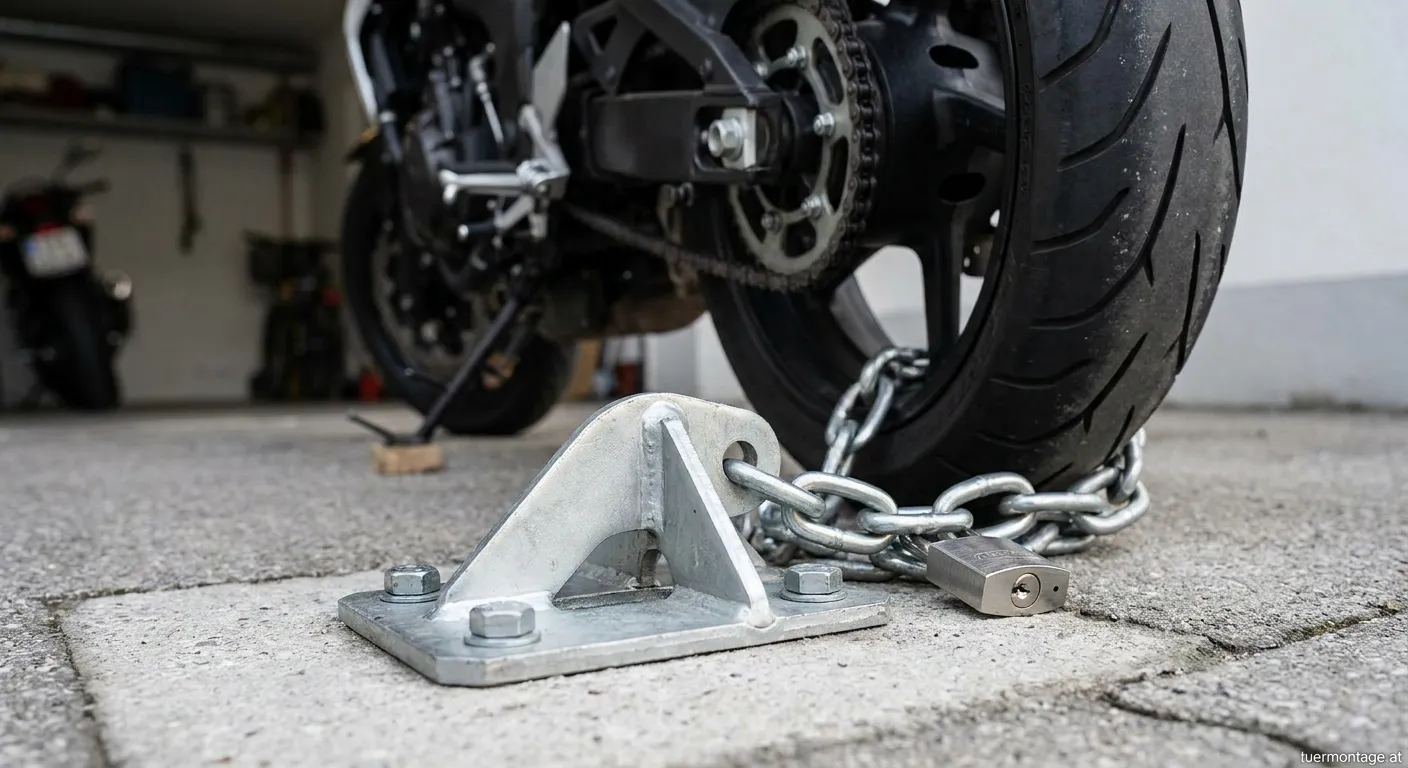 Massiver Bodenanker für Motorrad mit Kette im Garagenboden verankert