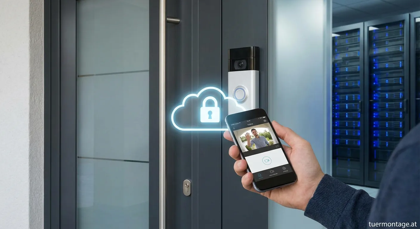 Videoklingel mit Cloud-Verbindung und Datenschutz-Symbol
