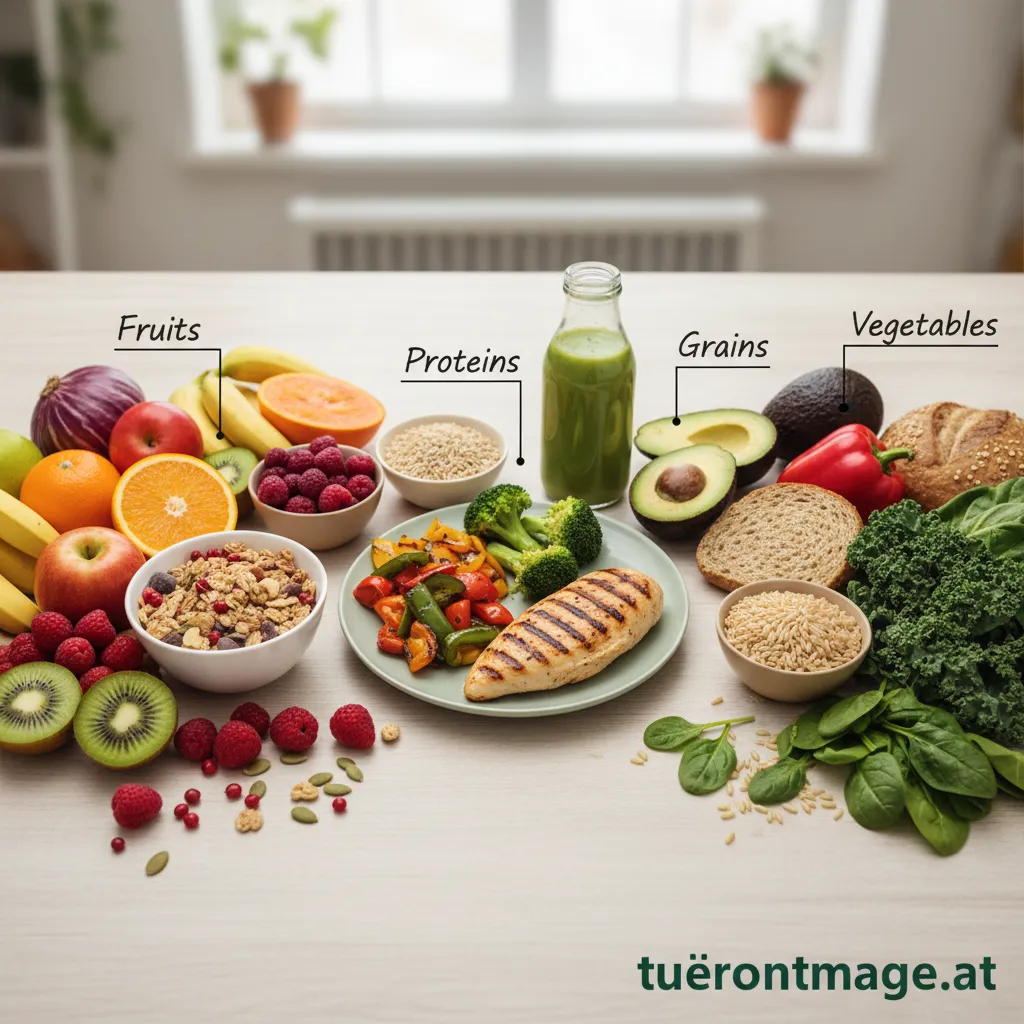 Ein bunter Teller mit frischem Gemüse und Obst für eine gesunde Ernährung.