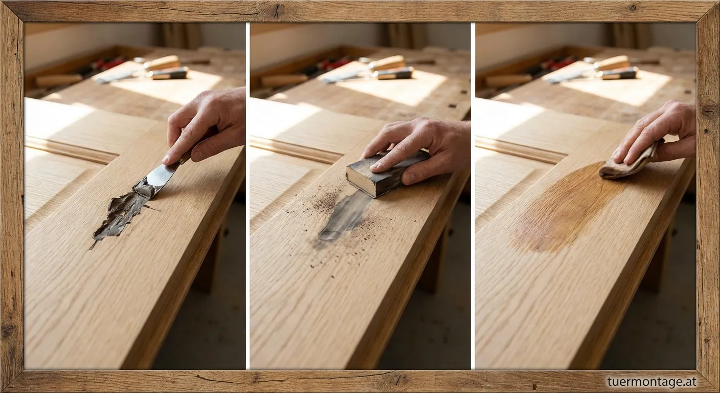 Anwendung von Holzkitt auf einer beschädigten Holztür mit Spachtel