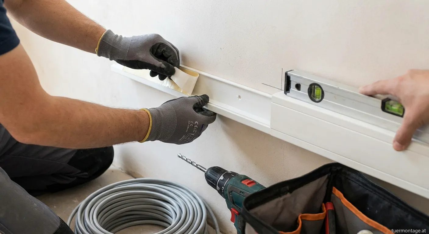 Mann montiert weißen Kabelkanal an einer Wand mit Wasserwaage