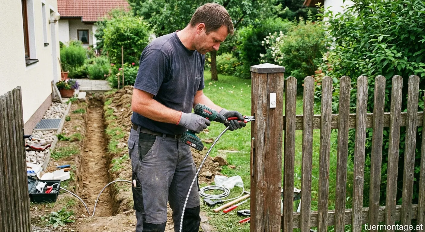 Verlegung eines Erdkabels in einem Graben für die Klingelinstallation