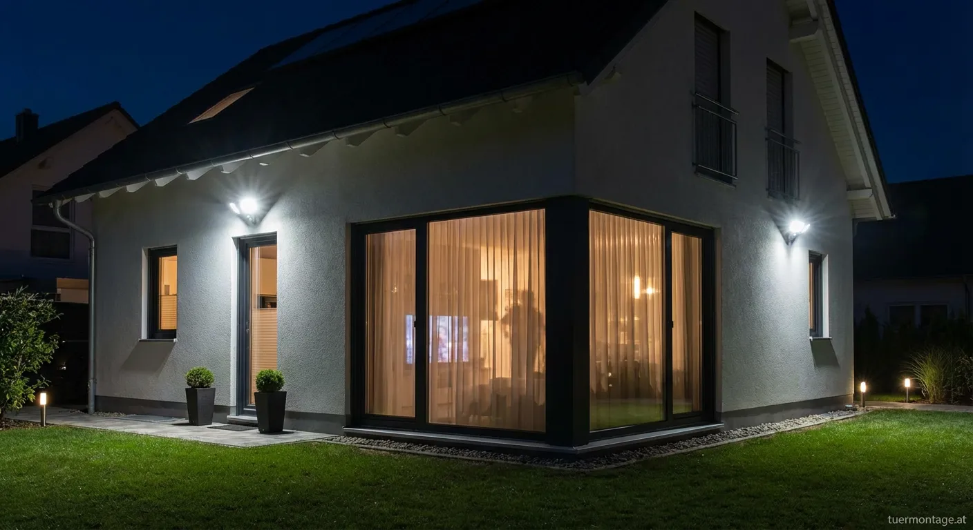 Beleuchtetes Wohnzimmer bei Nacht als Lichtsimulation zur Abschreckung gegen Einbrecher