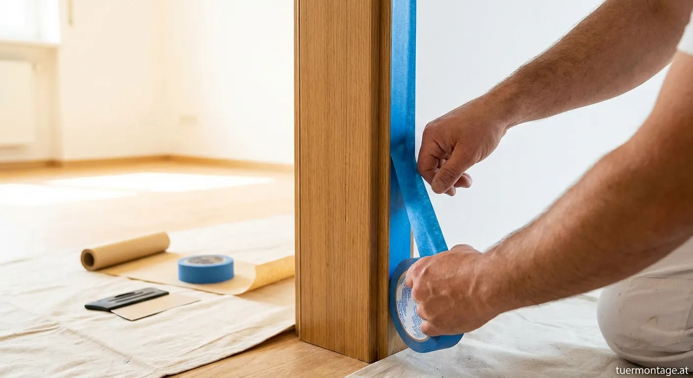 Abkleben einer Türzarge mit gelbem Klebeband vor Malerarbeiten