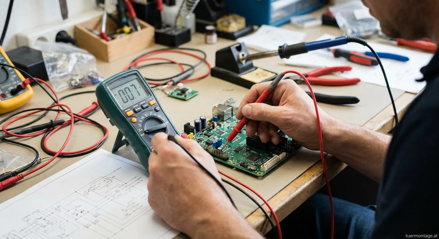Elektriker verwendet Multimeter zur Fehlersuche an elektrischer Anlage