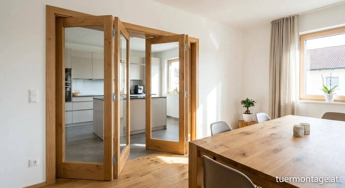 Moderne zweiflügelige Pendeltür zwischen Küche und Esszimmer