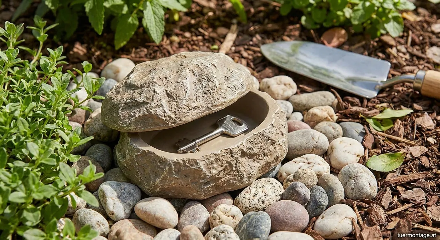 Täuschend echte Steinattrappe als Schlüsselversteck im Gartenbeet