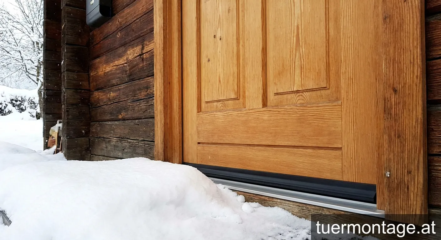 Verschneite Haustür im Winter mit Detailansicht einer Bodendichtung gegen Schneeverwehungen