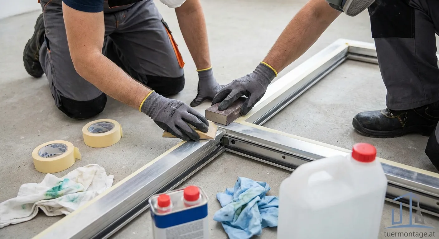 Fachmann bereitet Stahlzarge zum Lackieren vor