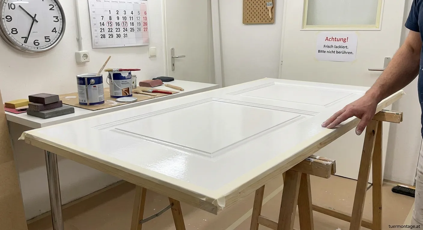 Frisch lackierte Holztür beim Trocknen in einer Werkstatt