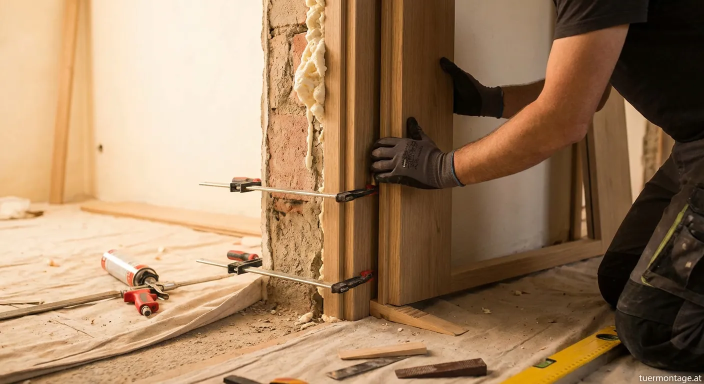 Fixierte Türzarge mit Türspreizen während des Schäumens