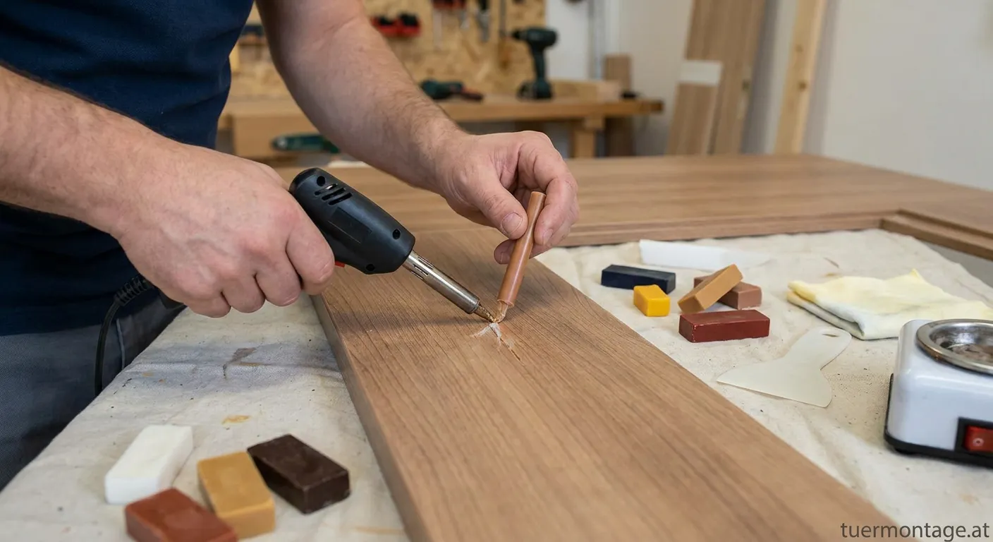 Wachsreparaturset für Laminattüren beim Reparieren von Türkratzern